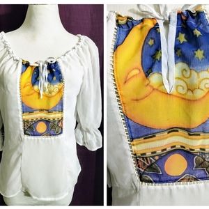 90s vintage boho esoteric sheer white blouse with sun & moon mystic Small top